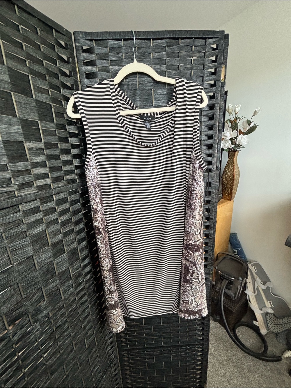 Alfani Black & White Striped Dress with Printed Side Panels - Neutral Accent